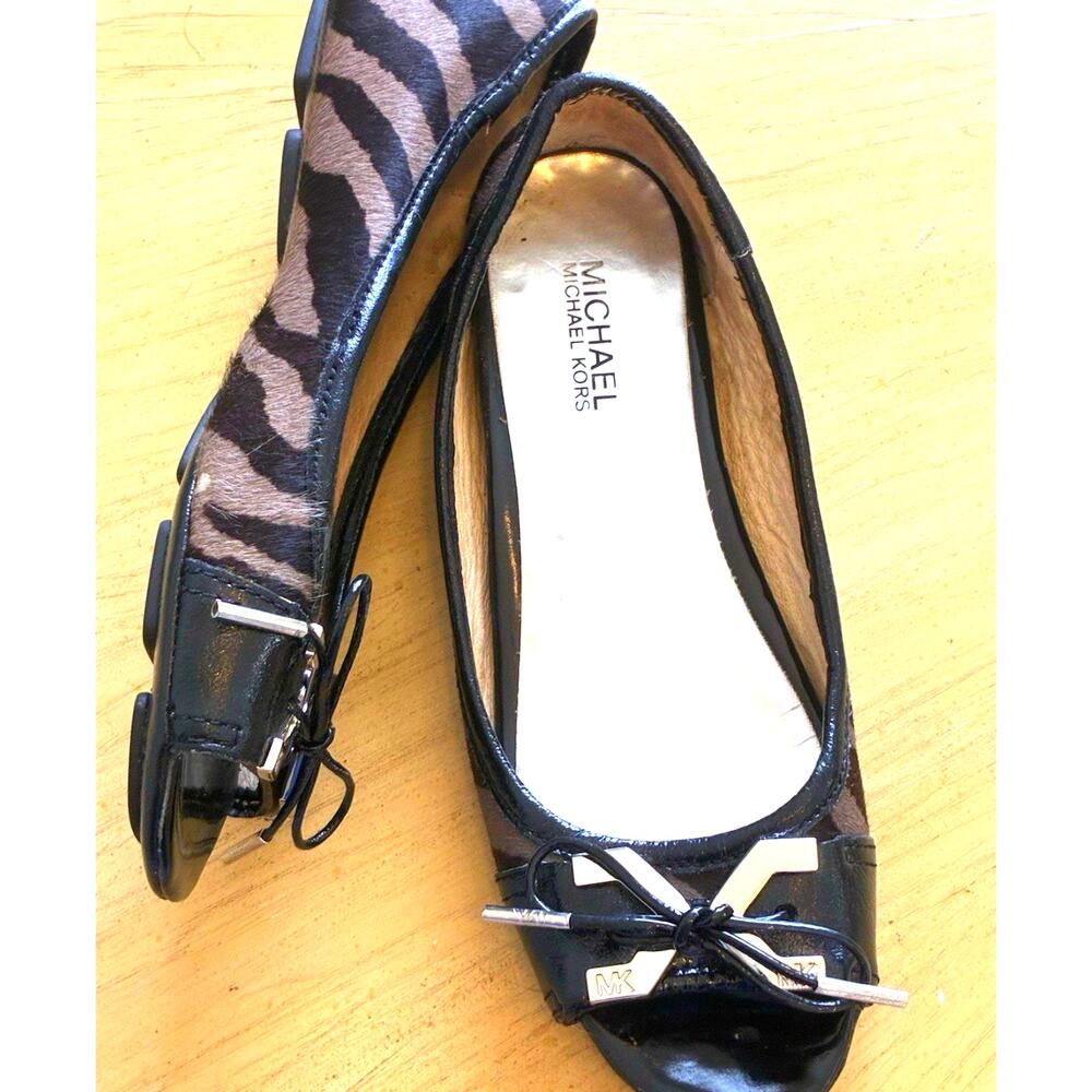 Michael Kors Zebra Print Ballet Flats Open Toe Bow Leather MK Logo Calf Hair 7